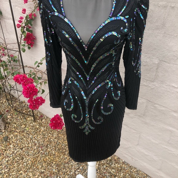 Formalblack mesh sequin beaded silk mini dress with long sleeve holiday sparkle - Picture 4 of 16